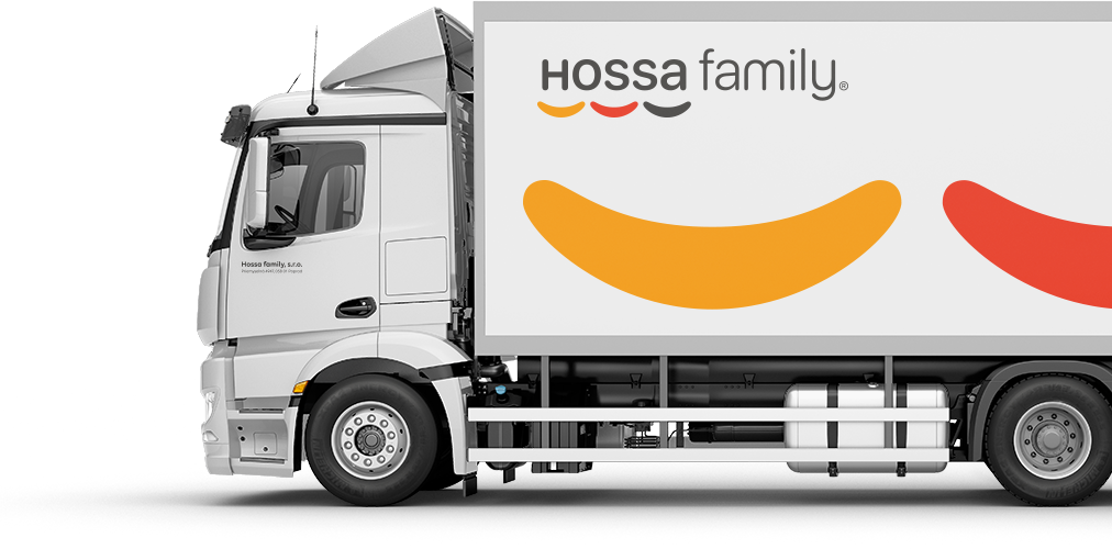 Distribúcia vďaka nášmu nákladnému auto s nápisom Hossa family naboku.